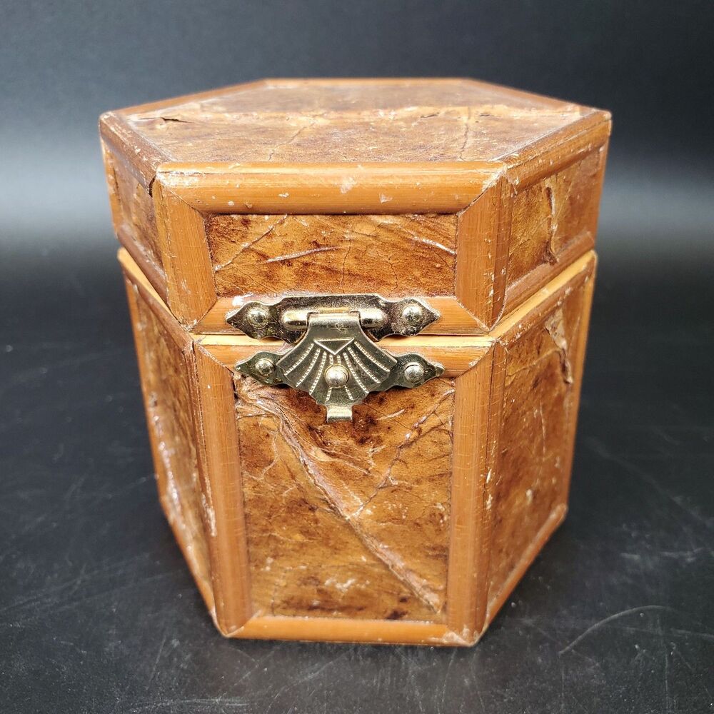 Vintage Bamboo Decoupage Trinket Box Leaf Design Red Velvet Lined